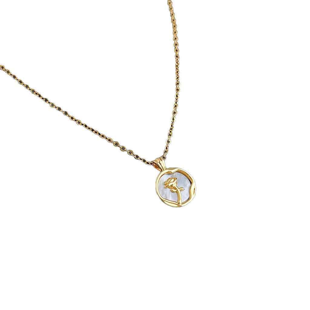 Rose Mother of Pearl Coin Pendant Necklace | Anniro - 14K Gold Plated Necklaces | ANNIRO Jewelry
