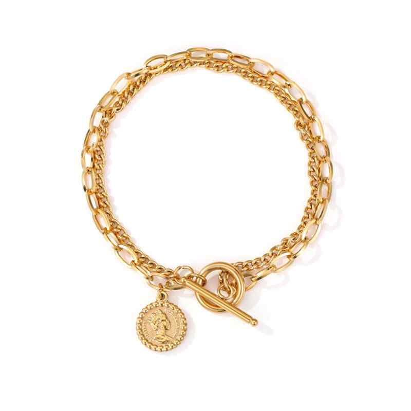 Double Chain Coin Bracelet | Anniro - 14K Gold Plated Bracelets | ANNIRO Jewelry