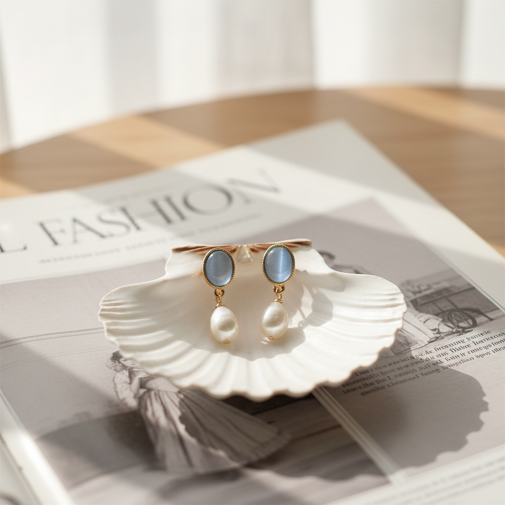 Blue Cat's Eye Pearl Earrings - Shell & Magazine Flat Lay
