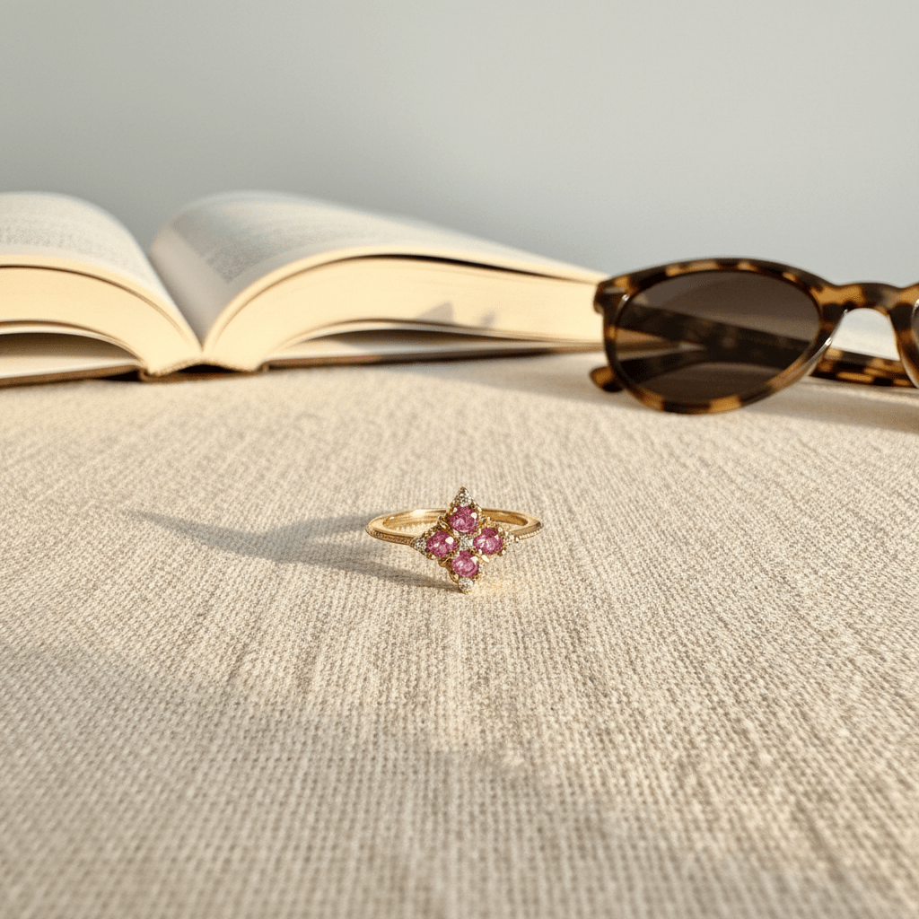 Pink Four-Leaf Clover Gemstone Ring | Anniro - 14K Gold Plated Rings | ANNIRO Jewelry
