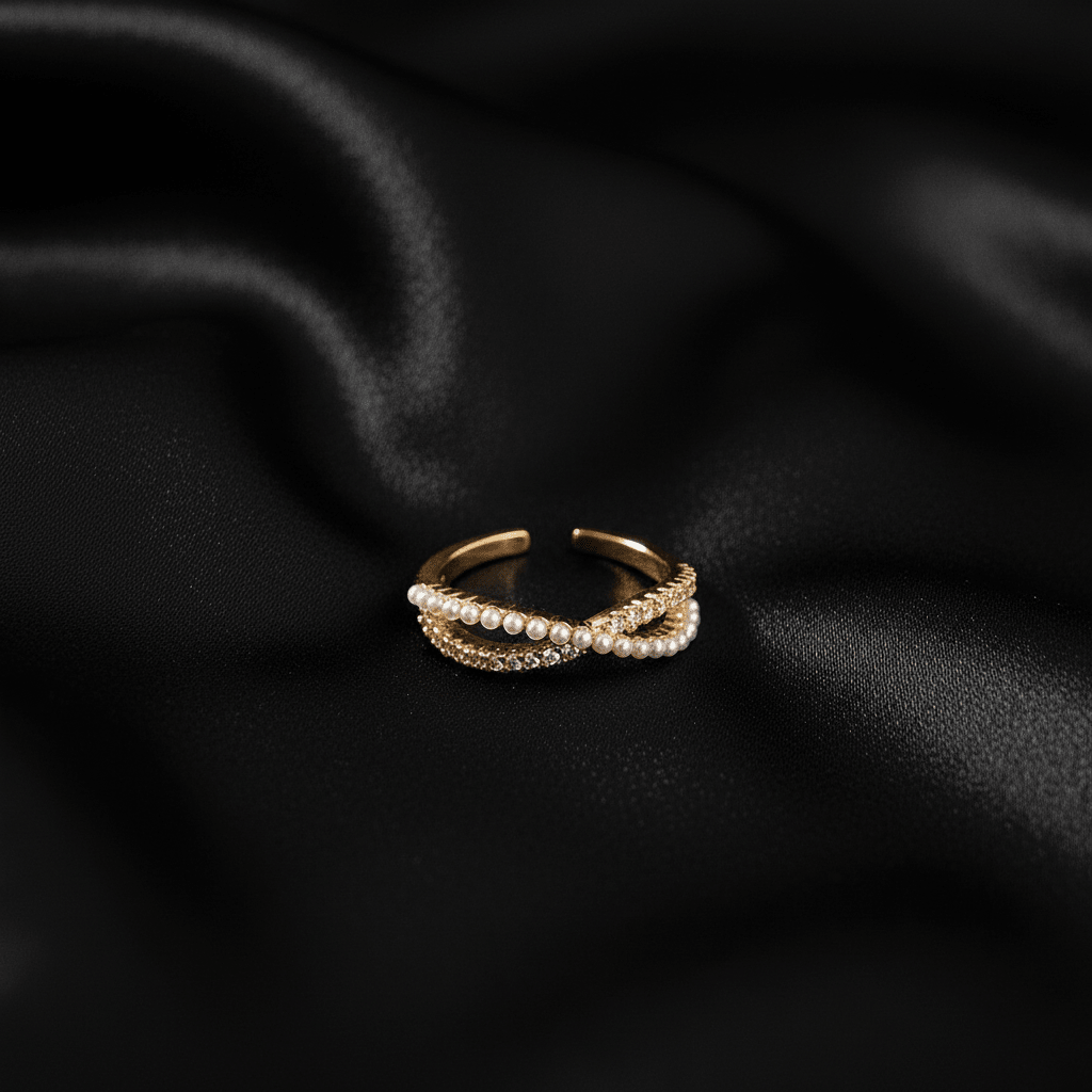 Triple Layer Pearl & Crystal Open Ring | Anniro - 14K Gold Plated Rings | ANNIRO Jewelry