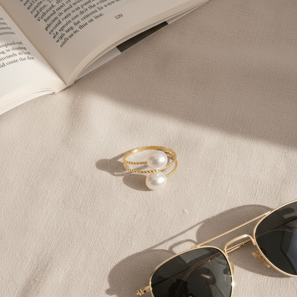 Double Pearl Open Ring | Anniro - 14K Gold Plated Rings | ANNIRO Jewelry