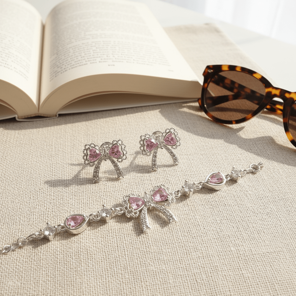 Pink Butterfly Crystal Bracelet & Earring Set | Anniro - 14K Gold Plated Bracelets | ANNIRO Jewelry