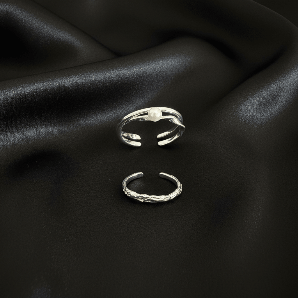 Pearl and Plain Pattern Ring Set | Anniro - 14K Gold Plated Rings | ANNIRO Jewelry