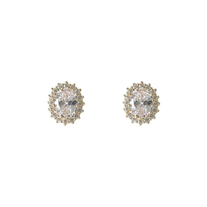 Oval Crystal Halo Stud Earrings - 14K Gold Plated Earrings | ANNIRO Jewelry