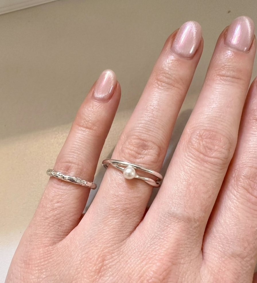 Pearl Cross and Plain Pattern Ring Set - Silver Plated Rings | ANNIRO Jewelry