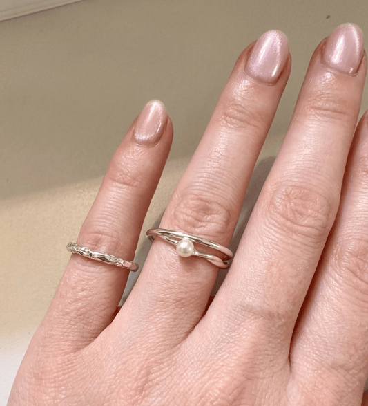 Pearl and Plain Pattern Ring Set | Anniro - 14K Gold Plated Rings | ANNIRO Jewelry