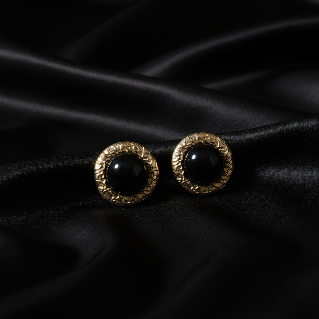 Black Onyx Gold Stud Earrings - Black Silk Background