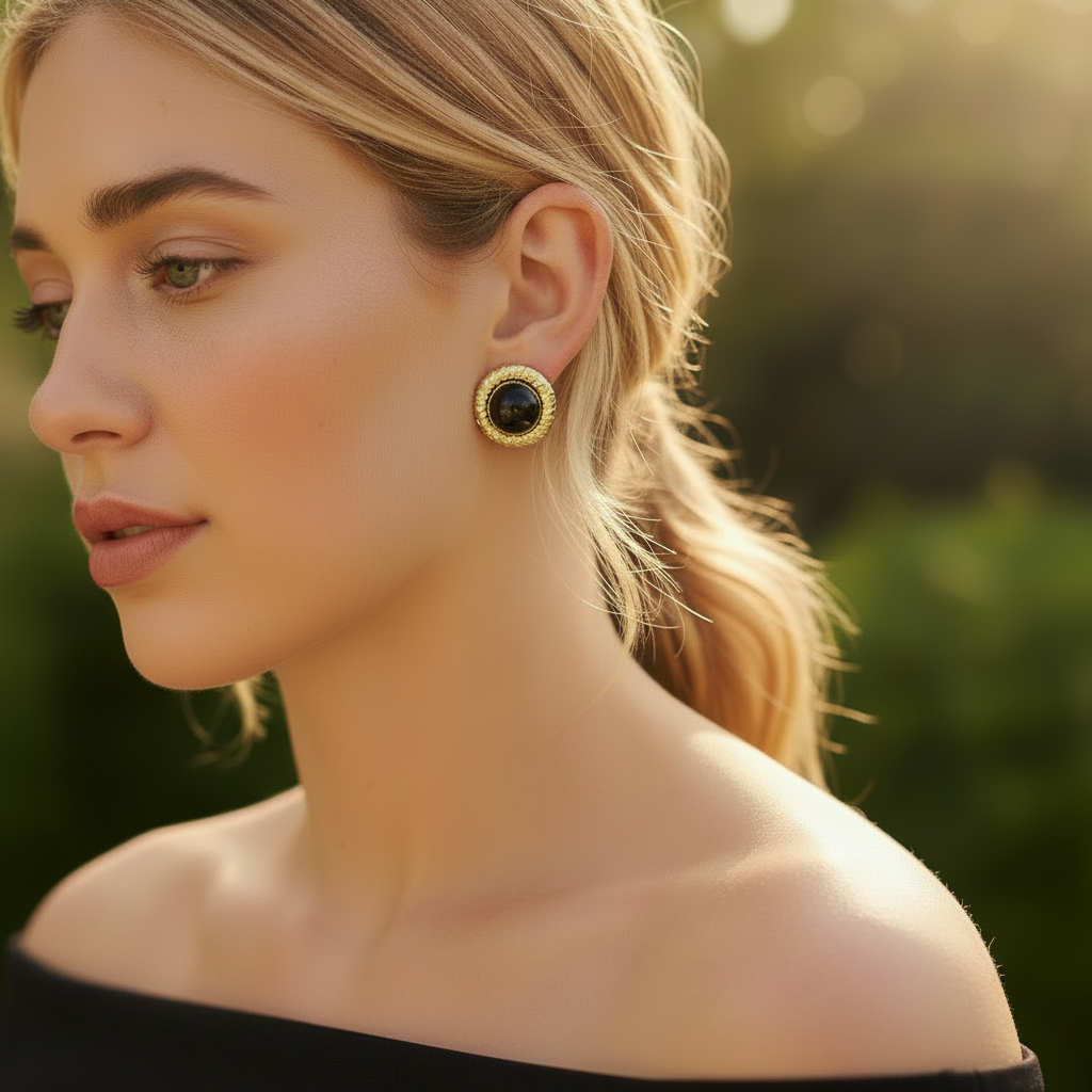 Black Round Stud Earrings - Black Strapless Model