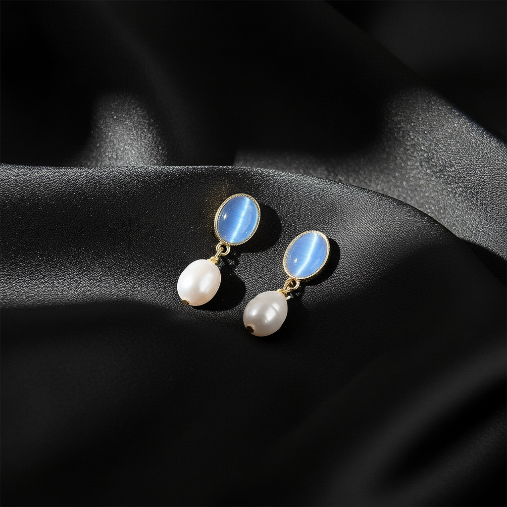 Blue Cat's Eye Baroque Pearl Earrings - Black Silk