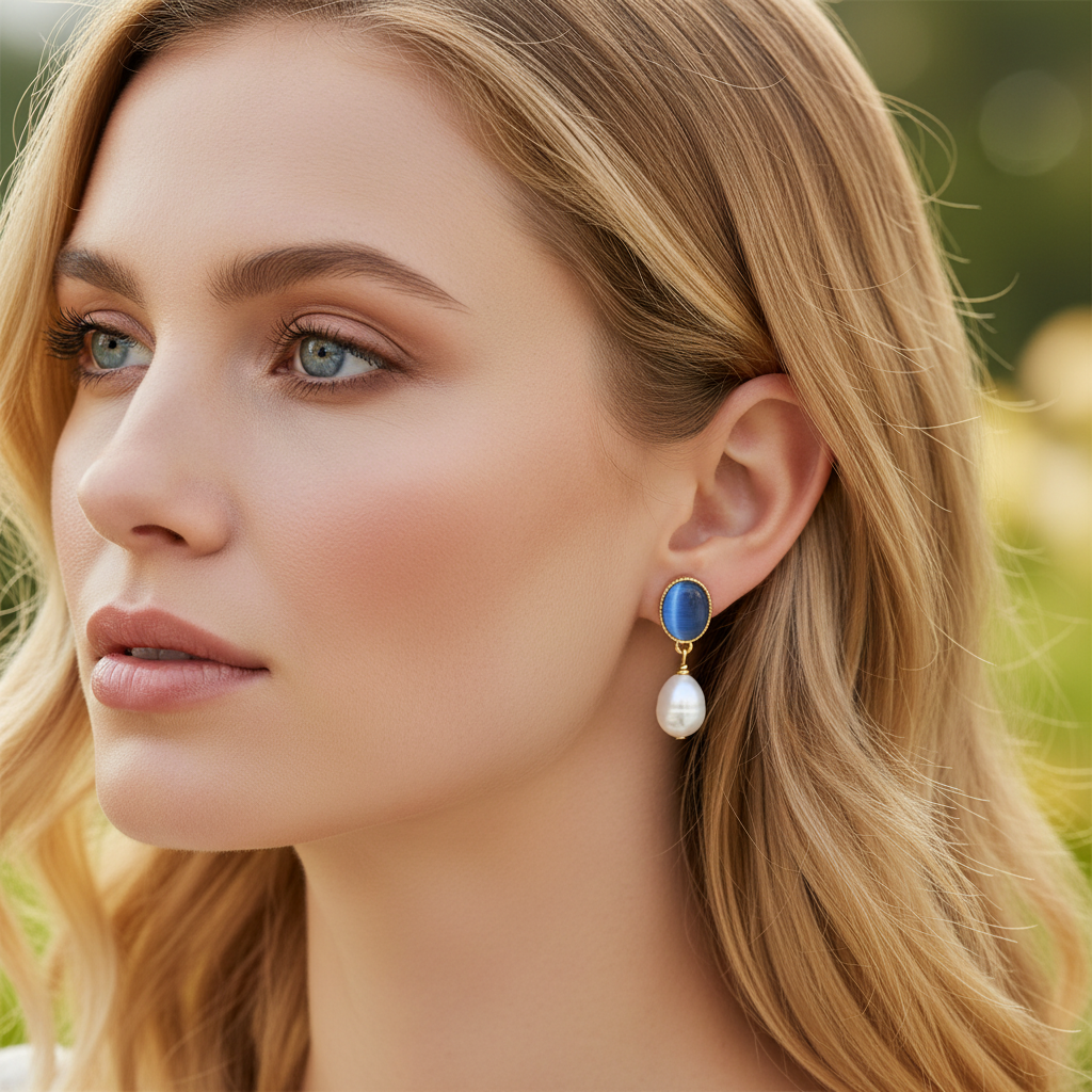 Blue Cat's Eye Baroque Pearl Earrings - Blonde Model