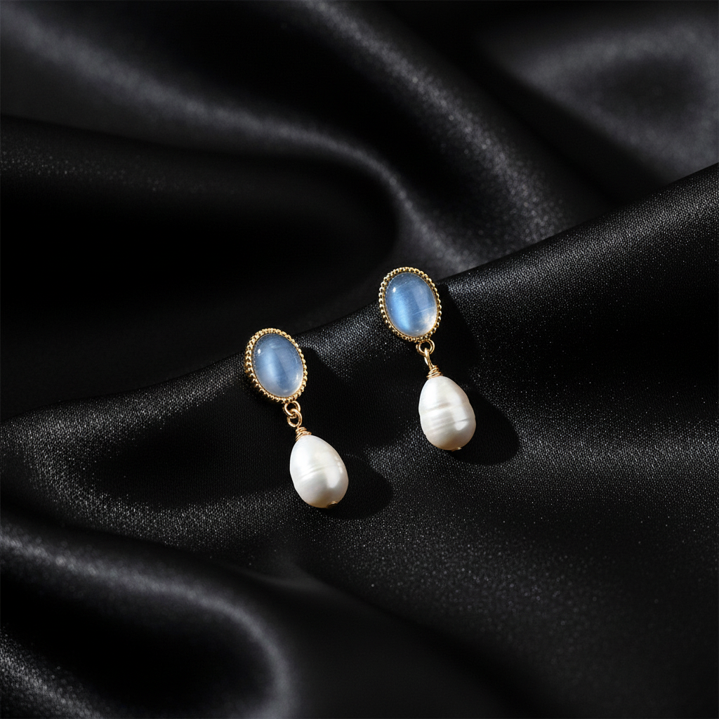Blue Moonstone Pearl Drop Earrings - Black Silk Background
