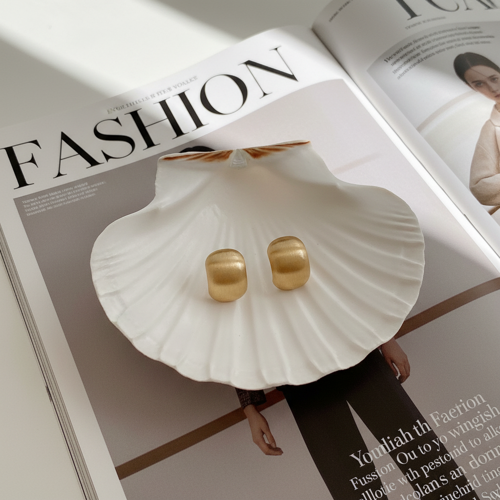 Chunky Matte Gold Square Earrings - Shell & Magazine Flat Lay