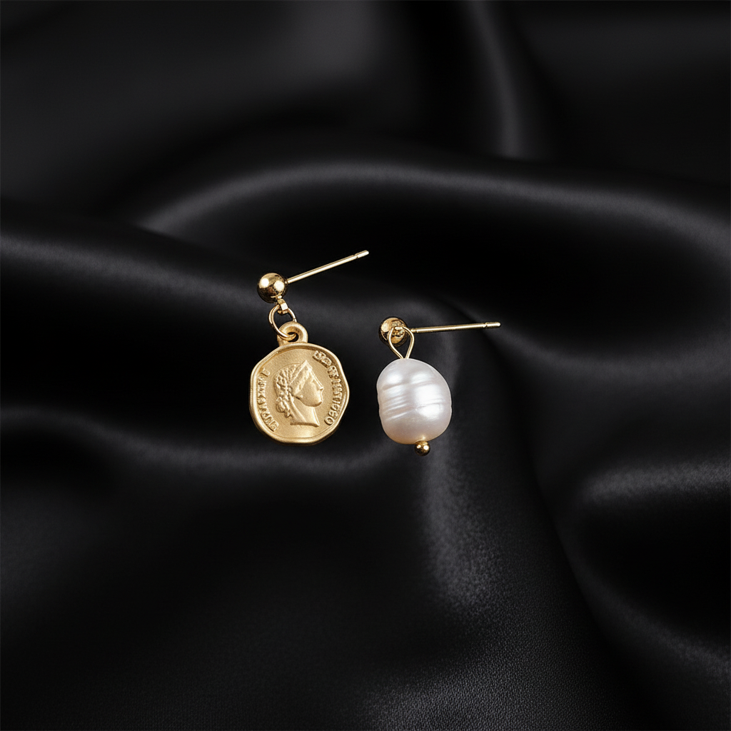 Coin & Pearl Asymmetric Drop Earrings - 14K Gold Plated Earrings | ANNIRO Jewelry