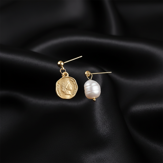 Coin & Pearl Asymmetric Drop Earrings - 14K Gold Plated Earrings | ANNIRO Jewelry