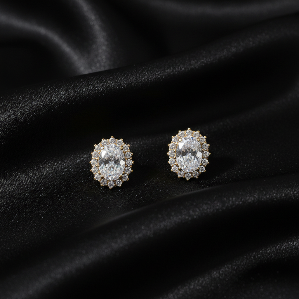 Oval Crystal Halo Stud Earrings - 14K Gold Plated Earrings | ANNIRO Jewelry