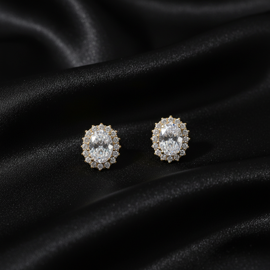 Oval Crystal Halo Stud Earrings - 14K Gold Plated Earrings | ANNIRO Jewelry