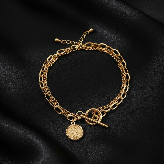 Double Chain Coin Bracelet - 14K Gold Plated Bracelet | ANNIRO 