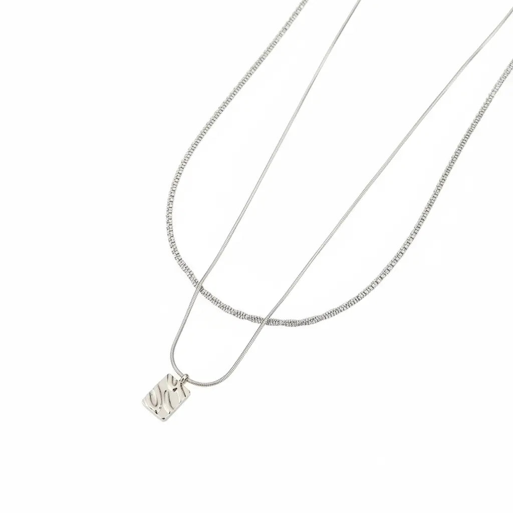 Double Layer Square Pendant Necklace - Titanium Steel | ANNIRO Jewelry
