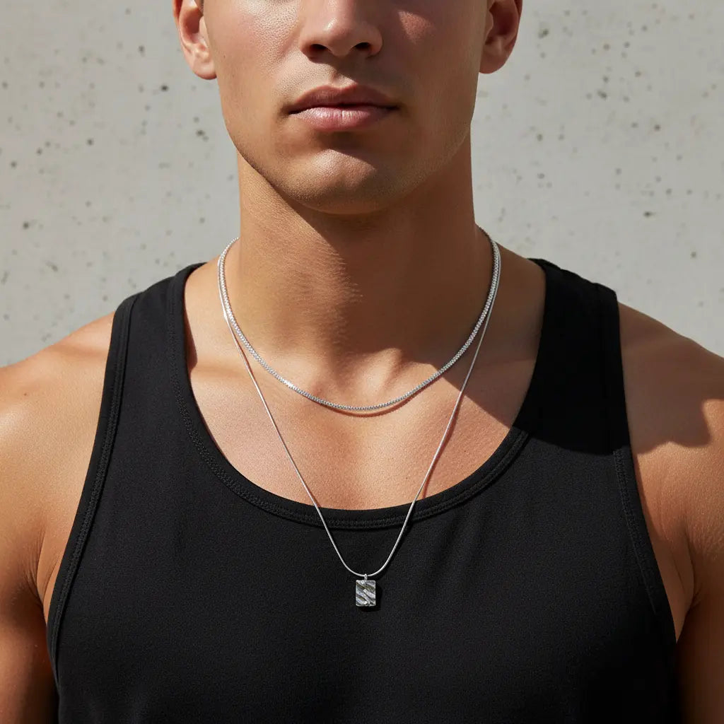 Double Layer Square Pendant Necklace worn by female model - Titanium Steel | ANNIRO Jewelry