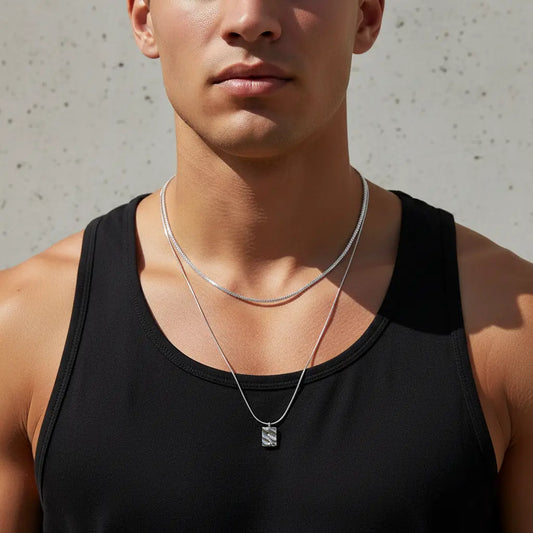 Double Layer Square Pendant Necklace worn by female model - Titanium Steel | ANNIRO Jewelry