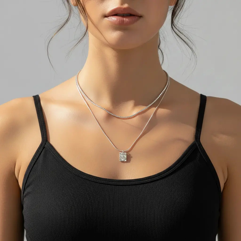 Double Layer Square Pendant Necklace worn by male model - Titanium Steel | ANNIRO Jewelry