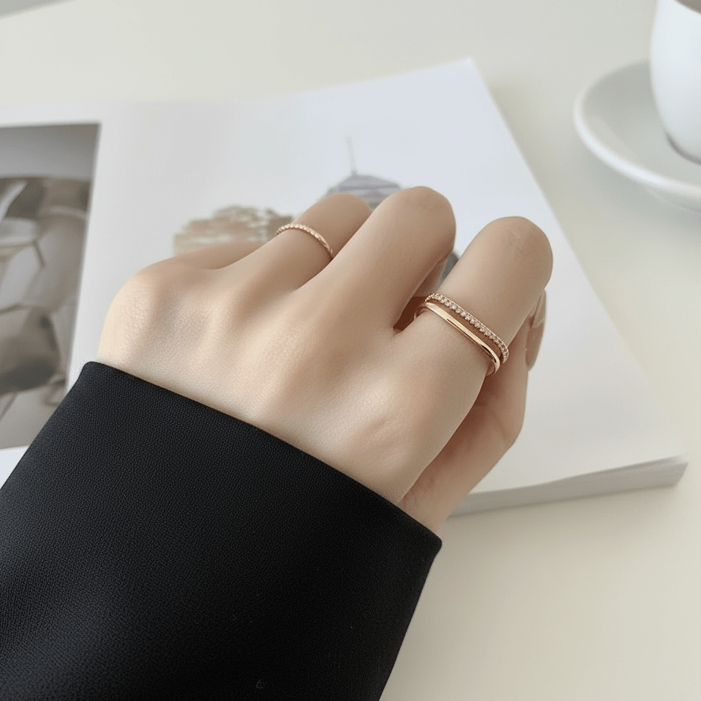 Double Square Pavé Open Ring | Anniro - 14K Gold Plated Rings | ANNIRO Jewelry