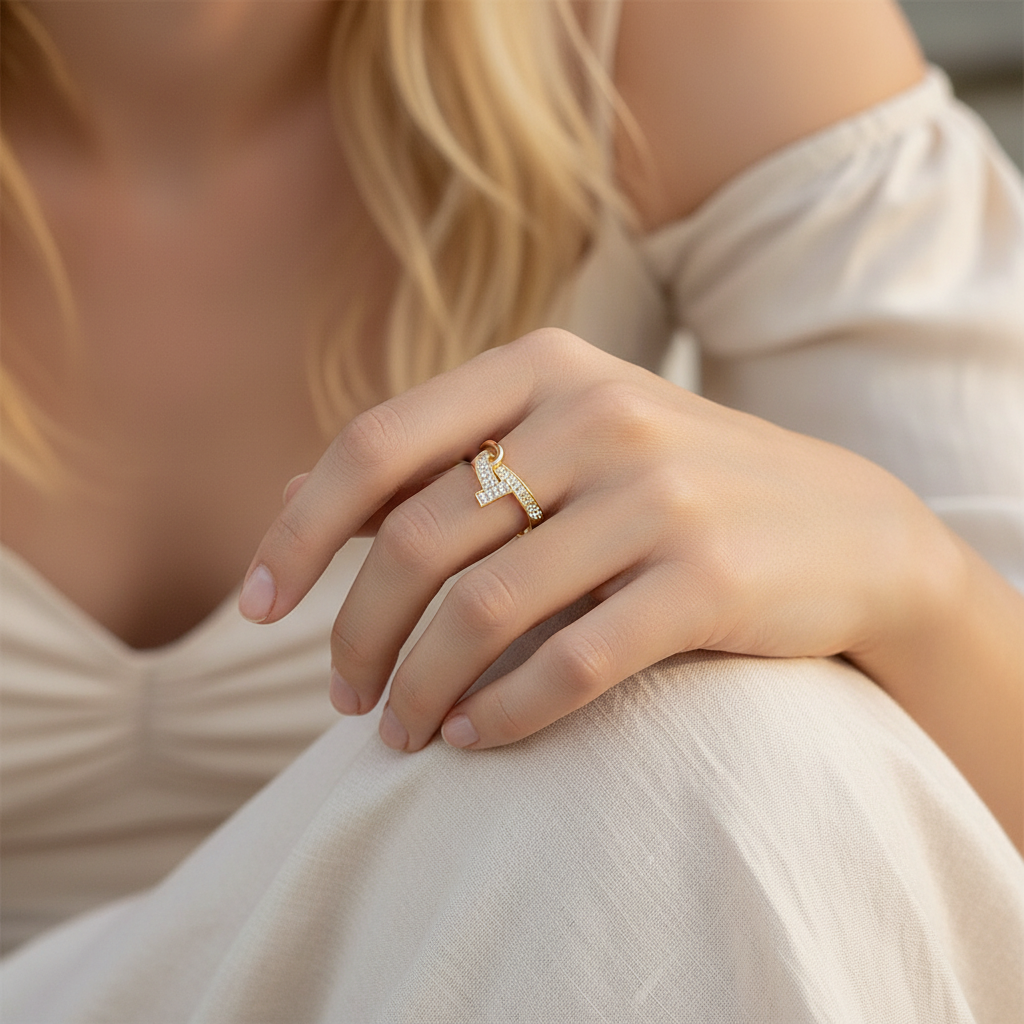 T-Bar Pavé Open Ring - 14K Gold Plated Rings | ANNIRO Jewelry - model wearing