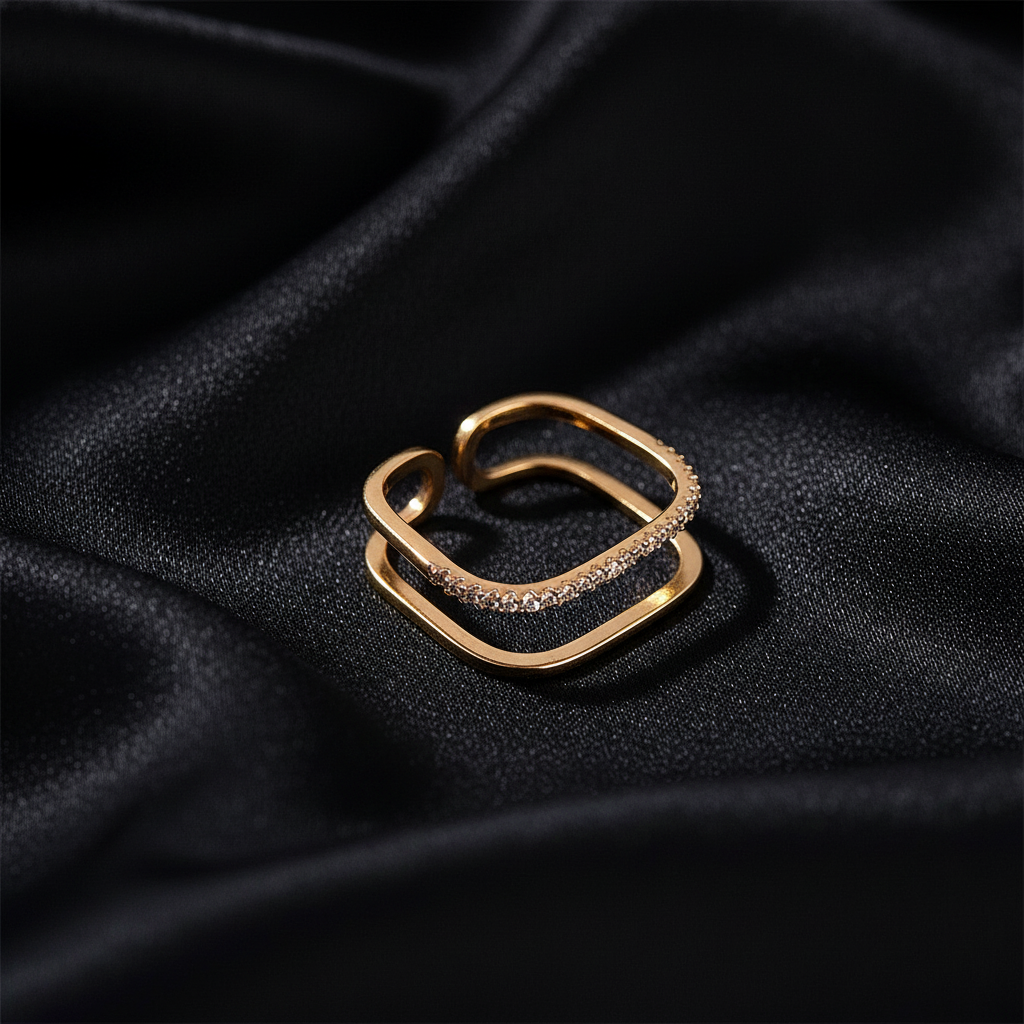 Double Square Pavé Open Ring - 14K Gold Plated Rings | ANNIRO Jewelry