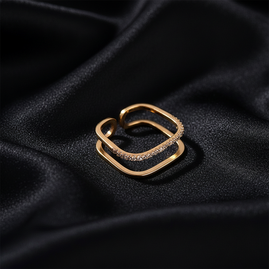 Double Square Pavé Open Ring - 14K Gold Plated Rings | ANNIRO Jewelry