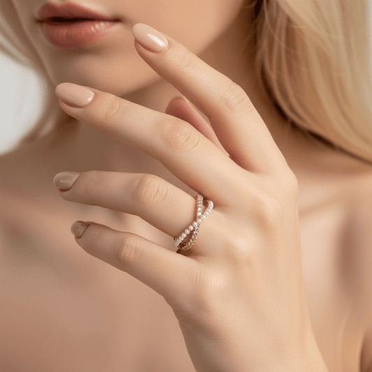 Triple Layer Pearl & Crystal Open Ring | Anniro - 14K Gold Plated Rings | ANNIRO Jewelry