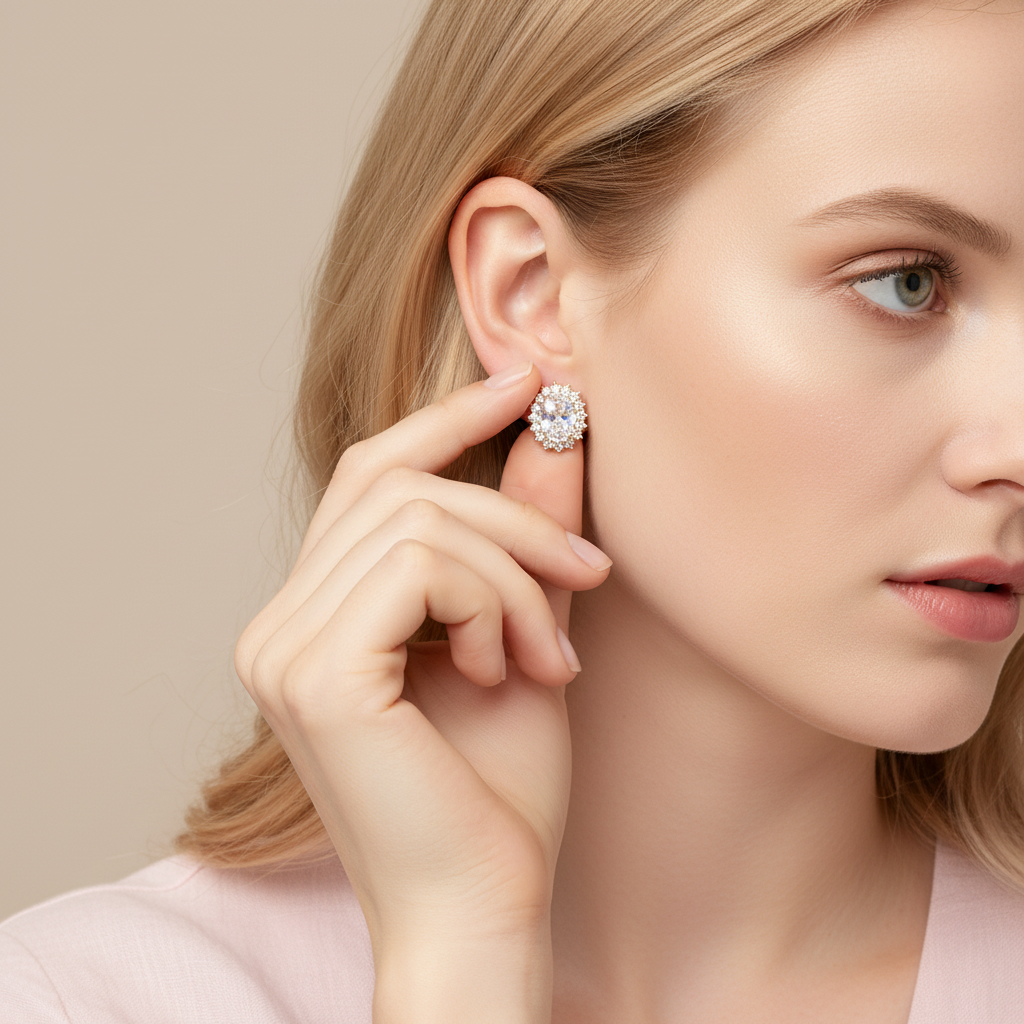 Oval Crystal Halo Stud Earrings - 14K Gold Plated Earrings | ANNIRO Jewelry - model wearing