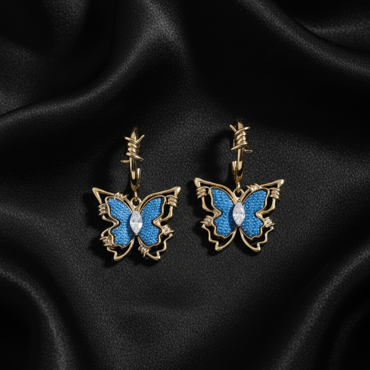 Blue Butterfly Drop Earrings - Black Silk