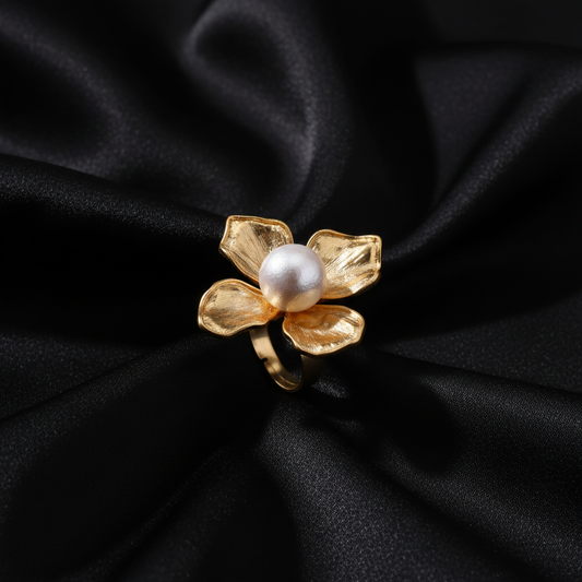Blooming Pearl Statement Ring - Black Silk