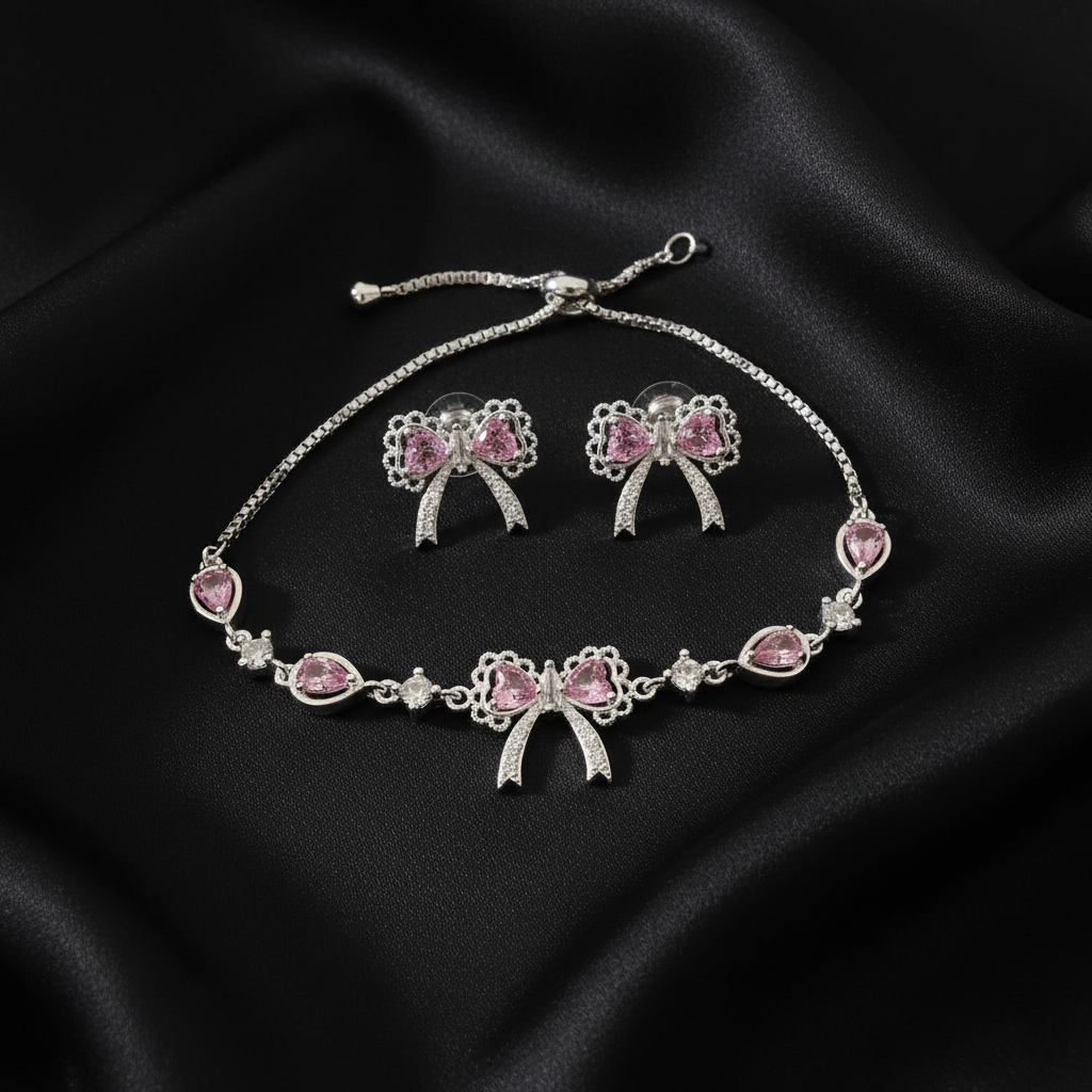 Pink Butterfly Crystal Bracelet and Earring Set - Silver Plated | ANNIRO Jewelry