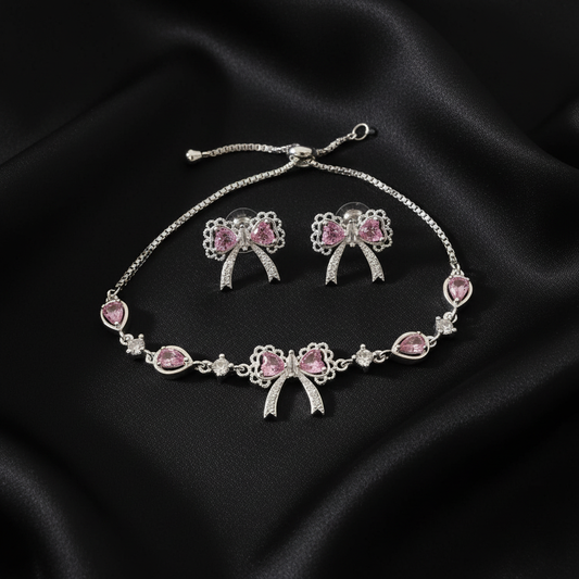 Pink Butterfly Crystal Bracelet and Earring Set - Silver Plated | ANNIRO Jewelry