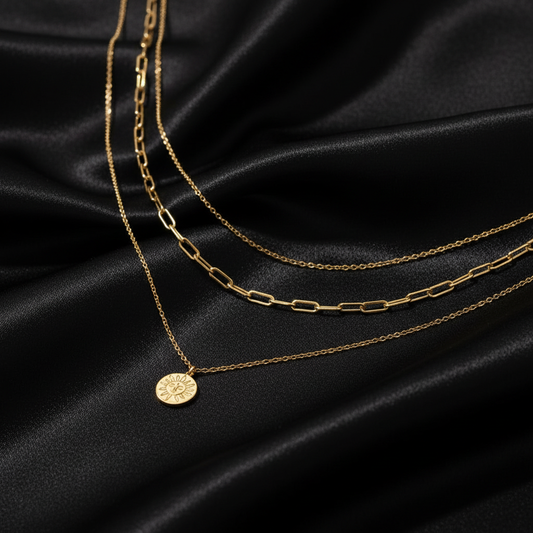 Sun Coin Layered Necklace Set - Black Silk