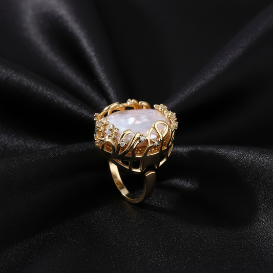 Baroque Pearl Crown Ring - Black Silk