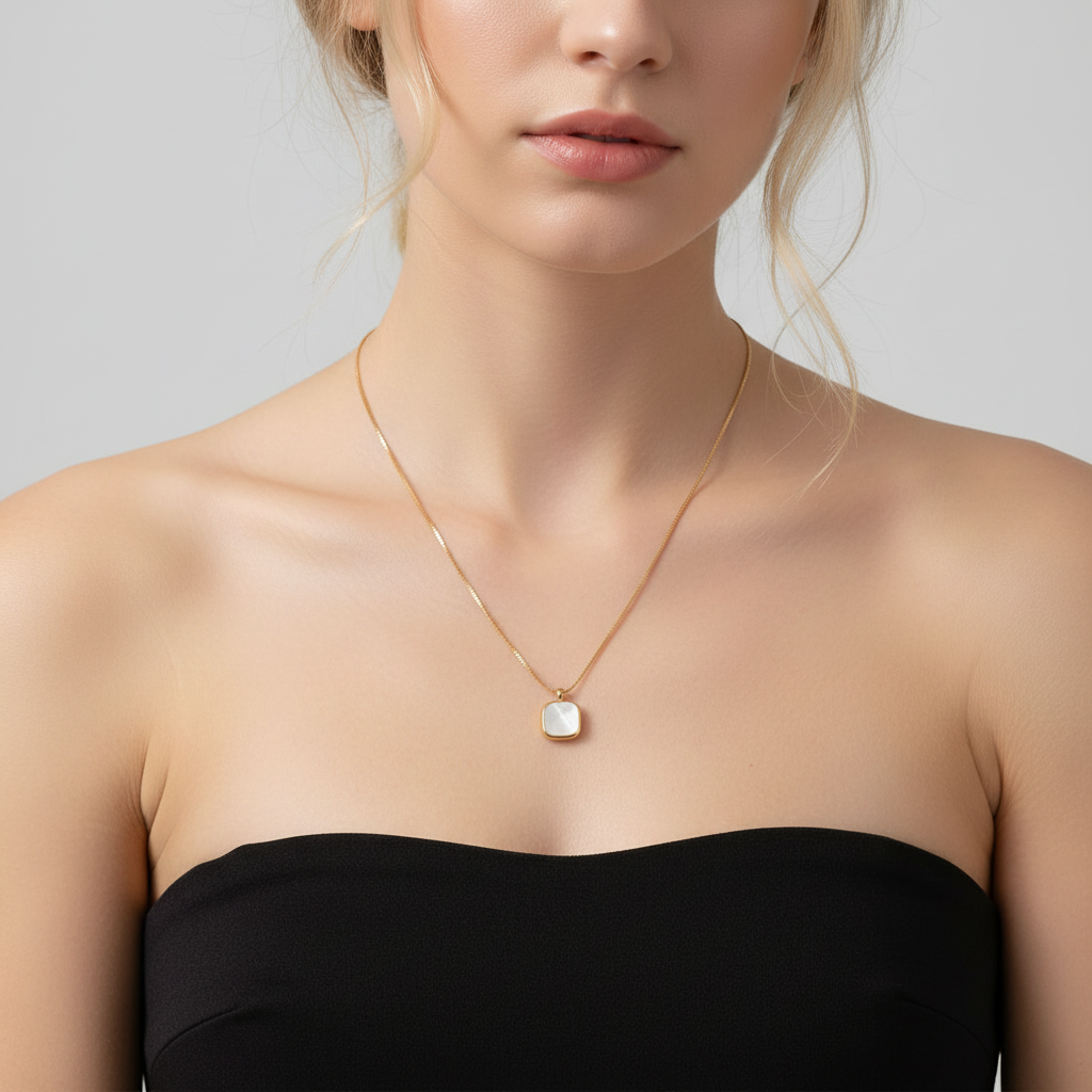 Square Mother of Pearl Pendant Necklace - 14K Gold Plated Necklace | ANNIRO Jewelry