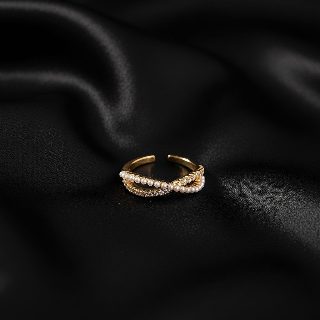 Triple Layer Pearl & Crystal Open Ring - 14K Gold Plated Ring | ANNIRO Jewelry