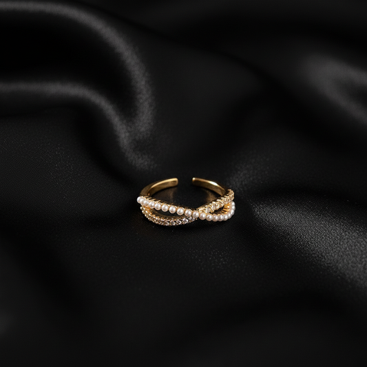 Triple Layer Pearl & Crystal Open Ring - 14K Gold Plated Ring | ANNIRO Jewelry