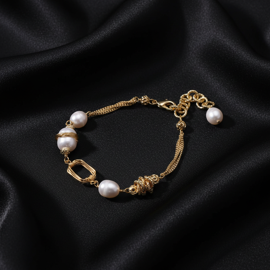 Golden Pearl Chain Bracelet - Black Silk
