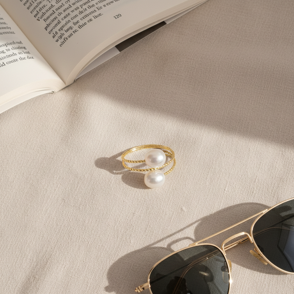 Double Pearl Open Ring - 18K Gold Plated Ring | ANNIRO Jewelry