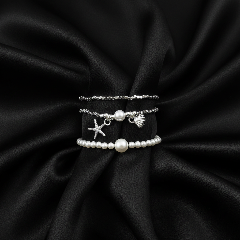 Ocean Pearl Charm Bracelet Set of 3 - Silver and White | ANNIRO Jewelry