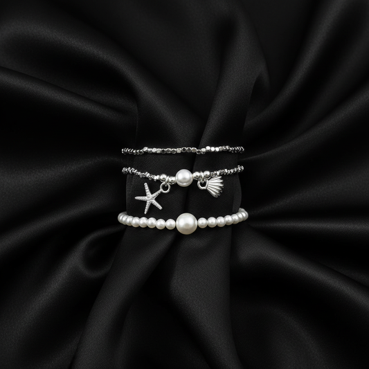 Ocean Pearl Charm Bracelet Set of 3 - Silver and White | ANNIRO Jewelry