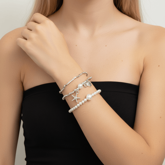 Pearl bracelet three-piece set | Anniro - 14K Gold Plated Bracelets | ANNIRO Jewelry
