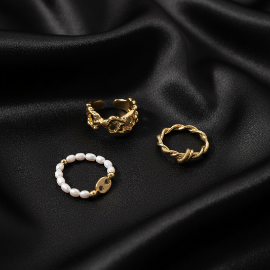18K Gold Ring Set of 3 - Black Silk