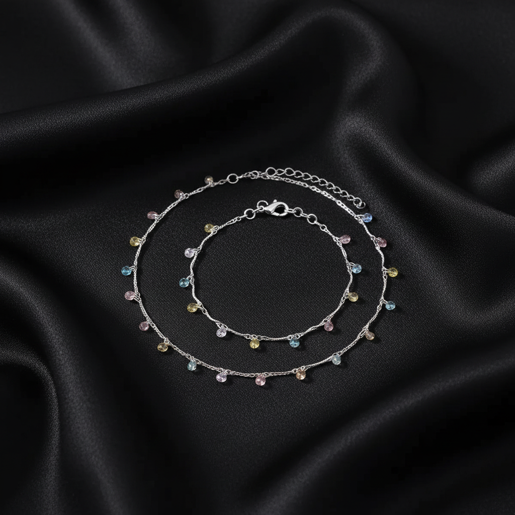 Colorful Zirconia Charm Necklace and Bracelet Set - Silver Plated | ANNIRO Jewelry