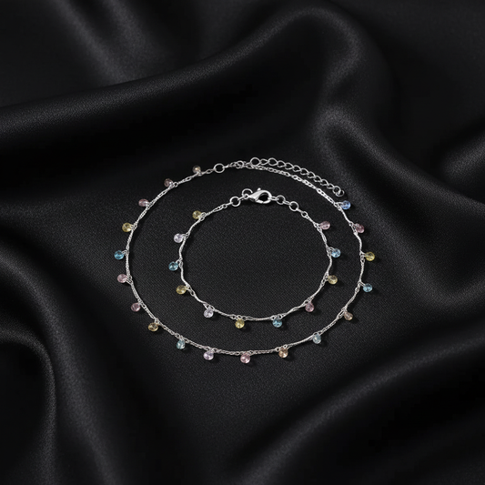 Colorful Zirconia Charm Necklace and Bracelet Set - Silver Plated | ANNIRO Jewelry