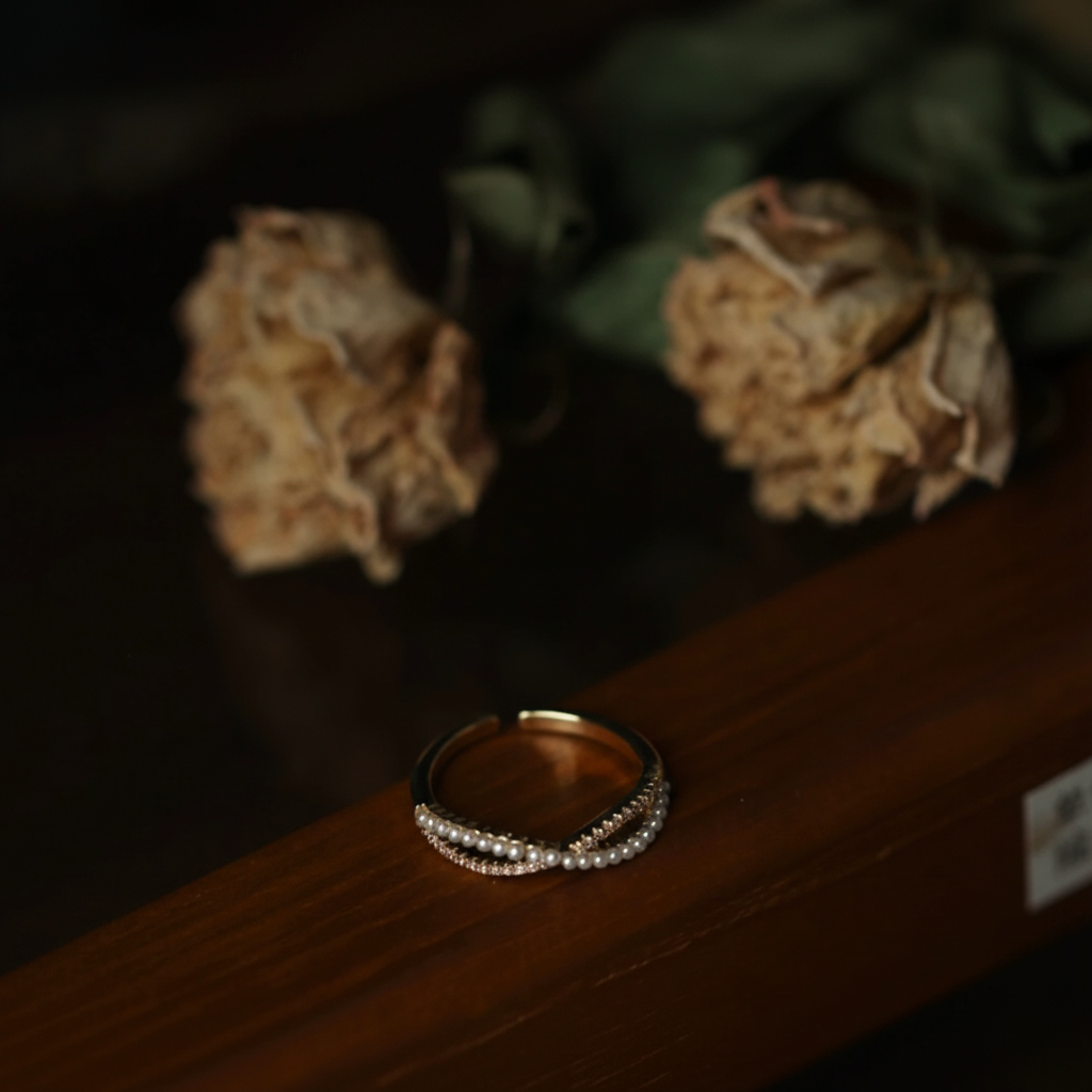 Triple Layer Pearl & Crystal Open Ring - 14K Gold Plated Ring | ANNIRO Jewelry